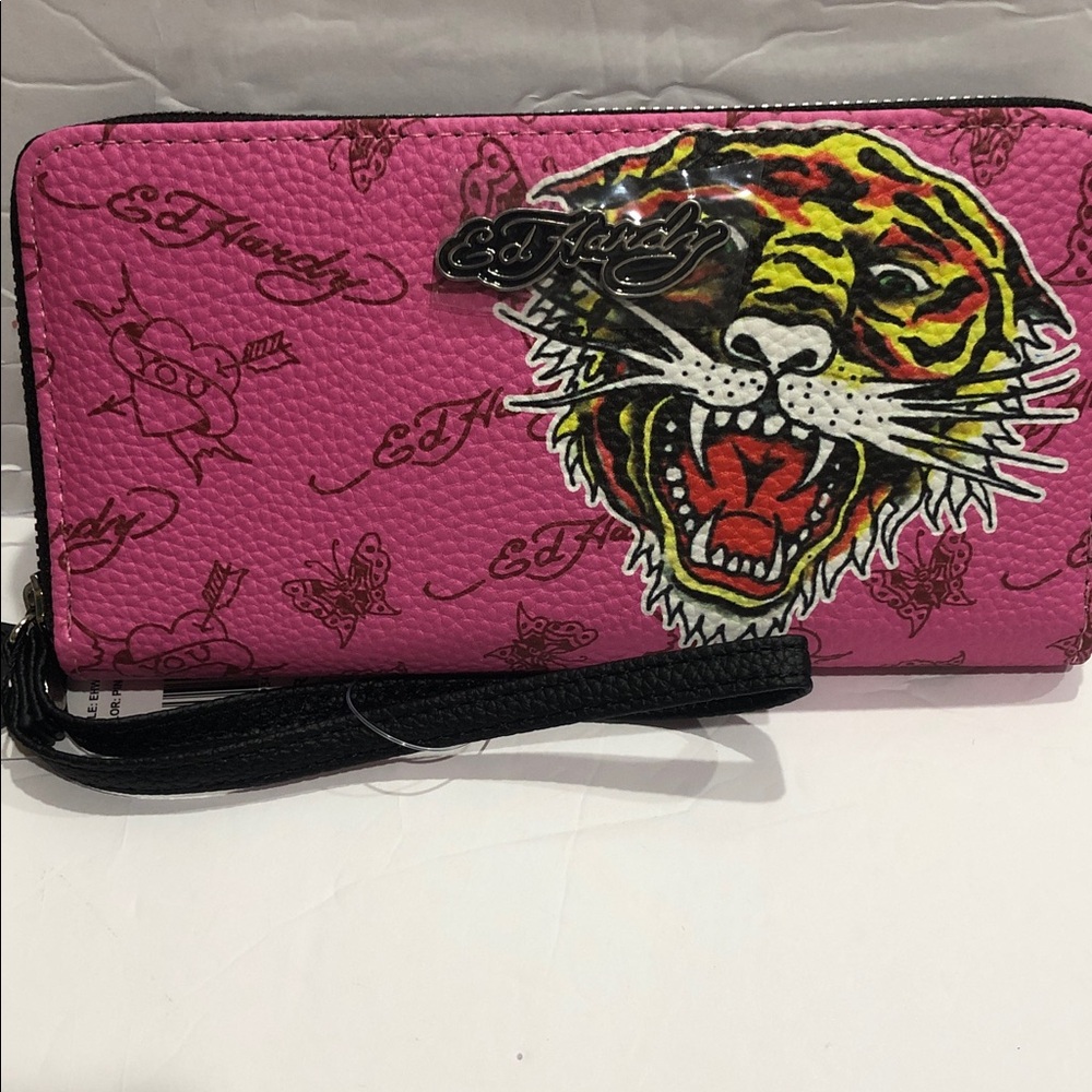 Ed Hardy pink monogram pebbled look iconic Ed Hardy tiger print wallet wristlet